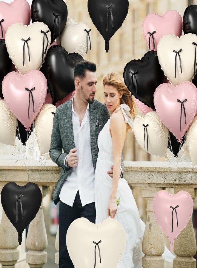 Biapian Pink and Black Heart Balloons, 10 Pcs Baby Pink Cream Heart Shaped Balloon with Black Bow Ribbon, 18 Inch Pink Sand White Foil Balloons for Brithday Baby Shower Wedding Valentines Party Decoration - Image 4